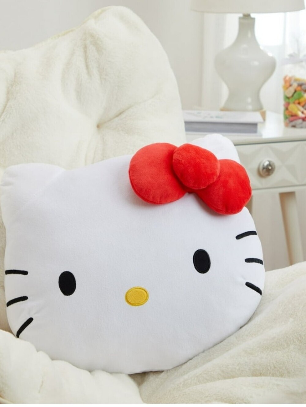 Hello Kitty Plush Face Pillow – White with Red Bow
